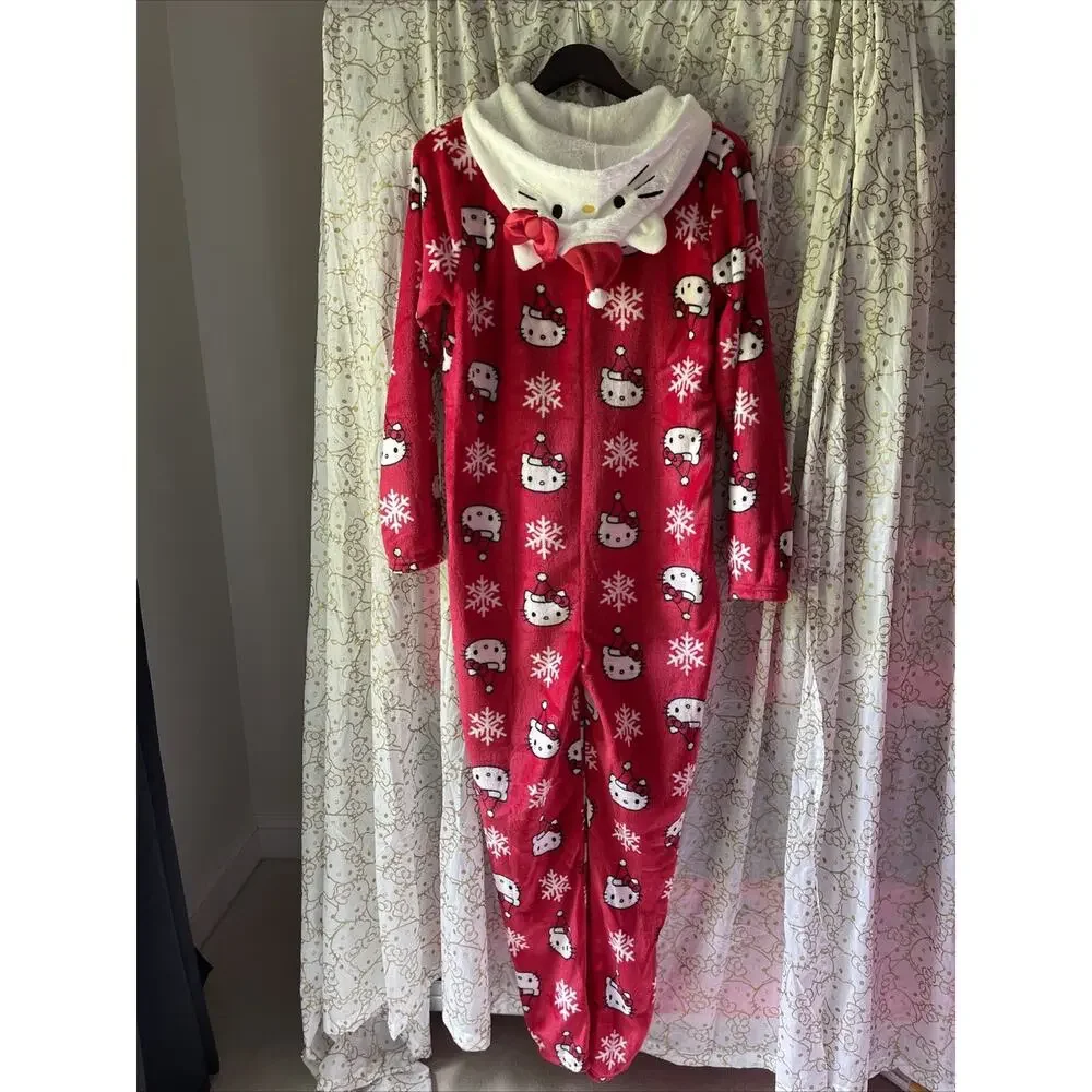 Hello Kitty Christmas Pajamas Hooded One Piece Red Jumpsuit Small S 2023 Sanrio